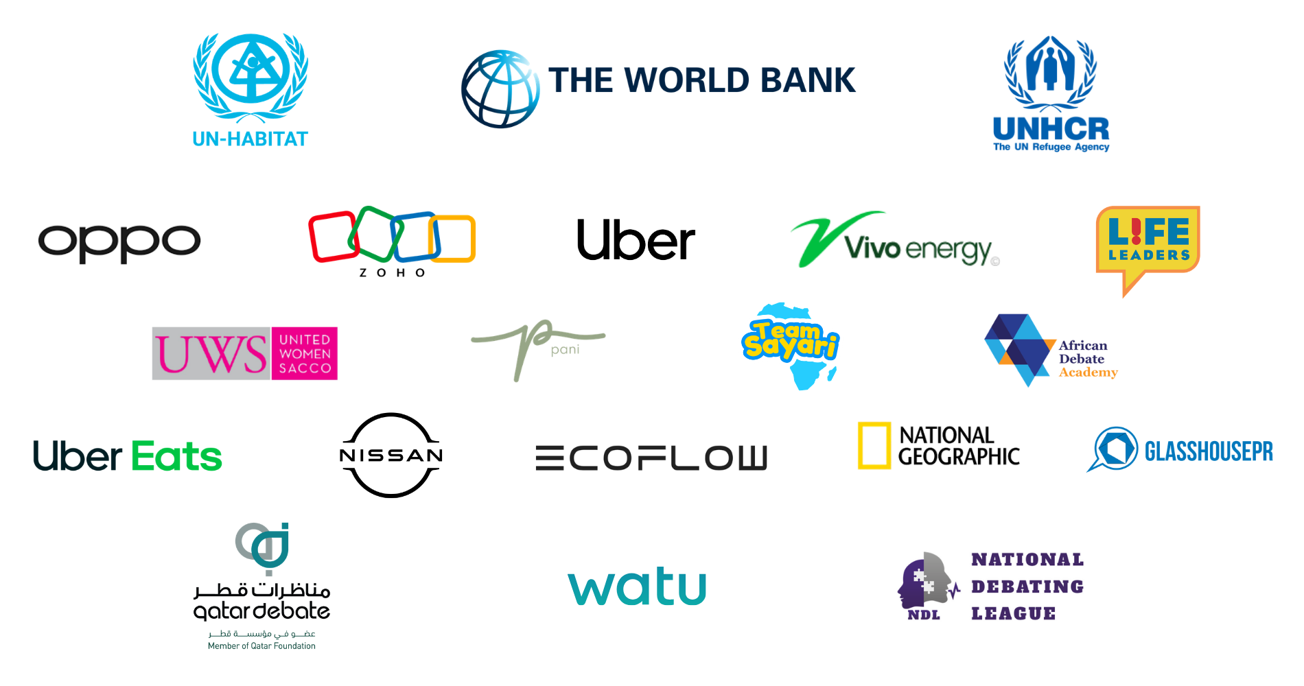 Artlink Agency clients: UN-Habitat, The World Bank, UNHCR, Oppo, Zoho, Uber, Vivo Energy, Life Leaders, UWS, Pani, Team Sayari, African Debate Academy, Uber Eats, Nissan, EcoFlow, National Geographic, GlasshousePR, Qatar Debate, Watu, National Debating League